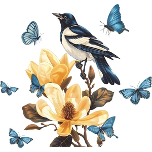 Static cling window film with magnolia blossoms, birds, and butterflies for home decoration