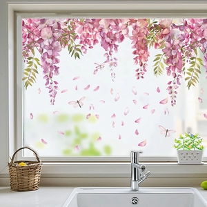 Floral stained glass window static sticker with wisteria, petals and pink dragonflies
