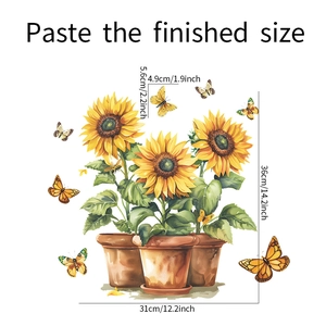 Detail showing dimension of sunflower potted plant window stickers and butterfly decals