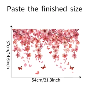 Detail view of pink cherry blossom and butterfly static window stickers with size info