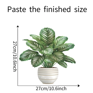 Detail view of Calathea plant window sticker showing 27x27cm dimensions and leaf pattern