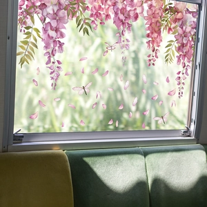 Static cling glass window film featuring purple wisteria flowers and flying dragonflies