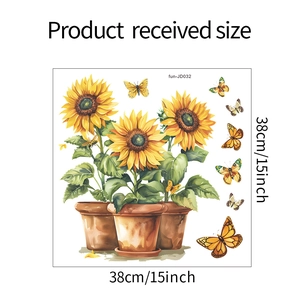 Detailed dimension guide for sunflower and butterfly window clings measuring 38cm by 38cm
