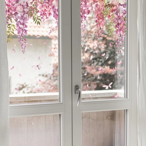 Detail view of purple wisteria flowers and dragonflies static cling window sticker