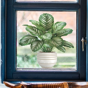 Potted Green Plant Window Sticker Calathea Orbifolia Static Cling PVC Decorative Glass Film For Home Living Room Bedroom Decor