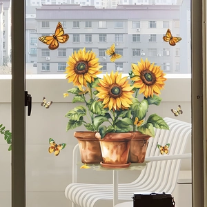 Realistic watercolor sunflower pot and butterfly static glass window stickers on a balcony