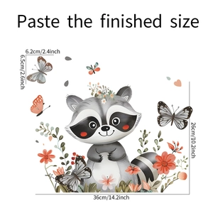 Detailed size chart showing cute raccoon window stickers and butterfly decal dimensions