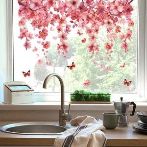 Pink cherry blossom and butterfly static window clings for home glass decoration