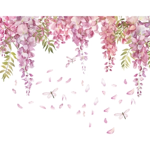 Detail of pink wisteria flowers and dragonflies in a watercolor glass window film design