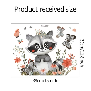 Detailed view of cute raccoon wall sticker with butterflies measuring 38cm by 30cm