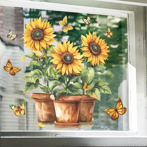 Vibrant sunflower and butterfly static window decals for creative home glass decoration