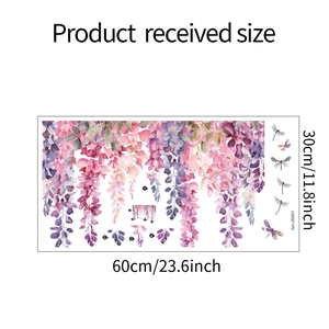 Detail view of purple wisteria flowers and dragonfly static window clings 60x30cm