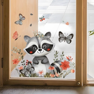 Cute raccoon static window film with butterflies and flowers for home glass decoration
