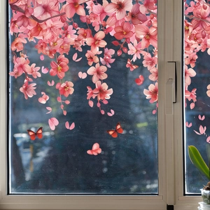 Pink cherry blossom and butterfly static glass window clings for home decoration