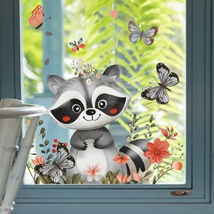 Cute cartoon raccoon window clings with butterflies and floral stickers for home decoration