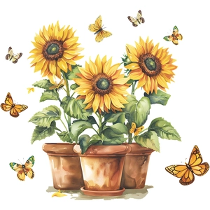 Detailed watercolor view of potted sunflowers and butterflies window sticker decals