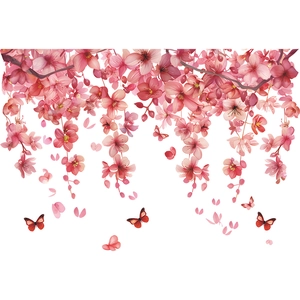 Pink cherry blossom window stickers with butterflies in watercolor floral style