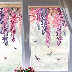 Detailed view of wisteria flower and dragonfly static glass stickers on a window
