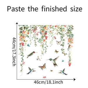 Dimensions guide for hummingbird and flower vine static window clings measuring 44x46cm