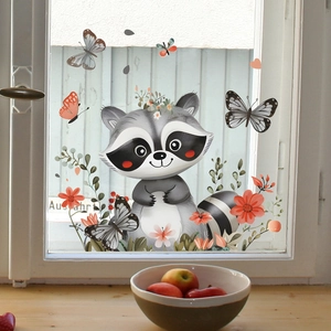 Cute cartoon raccoon static cling window decals with floral and butterfly decorations