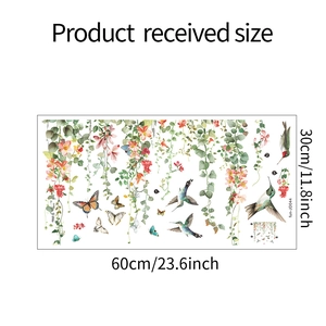 Detailed 60x30cm layout of static window film with green vines, flowers and hummingbirds