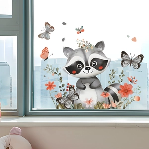Cartoon Raccoon Butterfly Flower Static Cling Window Sticker PVC Home Glass Decoration Removable Nursery Wall Decal