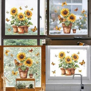 Sunflower Butterfly Static Cling Window Stickers Potted Plant Floral Decals For Glass Surface Home Decor No Glue Removable