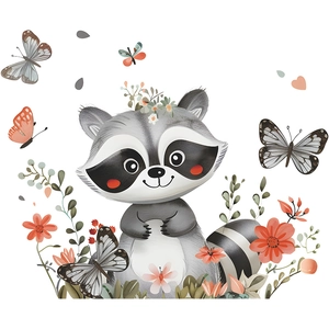 Cute cartoon raccoon wall sticker with butterflies and floral watercolor decorations