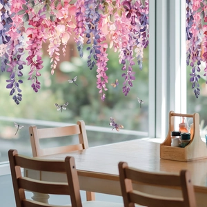 Floral window decal featuring purple wisteria, butterflies and dragonflies in a sunny room