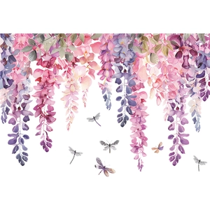 Detailed watercolor floral window film with pink wisteria blossoms and dragonfly accents