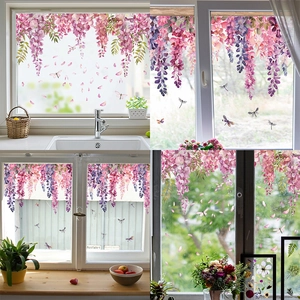Modern Wisteria Floral Dragonfly Static Window Stickers UV Printed PVC Removable Glass Decals For Living Room Home Decoration
