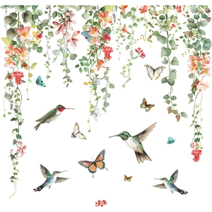 Floral vine window stickers with hummingbirds and butterflies for home decoration
