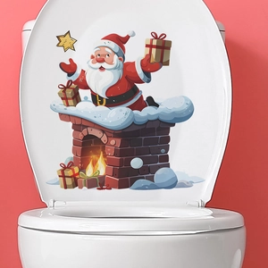 Cartoon Santa Claus and chimney toilet lid sticker for Christmas home bathroom decor