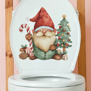 Christmas gnome toilet lid decal with festive tree, candy canes, and holly decorations