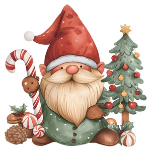 Watercolor Christmas gnome sticker with red polka dot hat and candy cane decoration