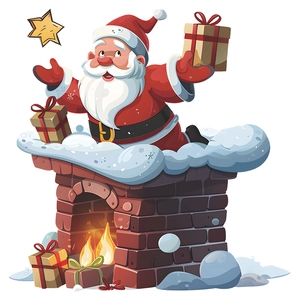 Christmas Santa Claus climbing chimney wall sticker with gift boxes and golden star decor