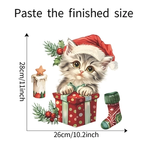 Christmas cat wall sticker dimensions showing a festive kitten with a red hat and gift box