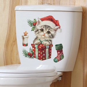 Christmas cat toilet sticker with Santa hat and gift box on white ceramic tank decoration