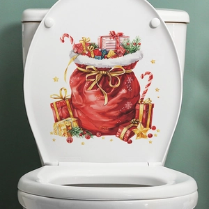 Christmas Festive Gift Bag Pattern Toilet Lid Sticker PVC Waterproof Wall Decal Holiday Bathroom Home Decor Accessory