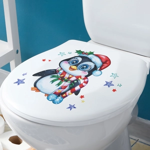 Adesivo per sedile WC pinguino di Natale con stelle festive e cappello rosso decor