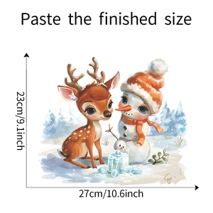 Détail de l'autocollant renne et bonhomme de neige avec dimensions de 27cm sur 23cm