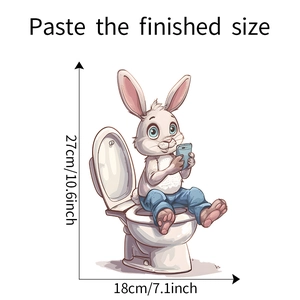 Funny cartoon rabbit on toilet bathroom sticker size guide 27cm by 18cm dimensions