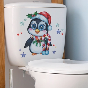 Adesivo per WC con pinguino di Natale, cappello di Babbo Natale e stelle colorate