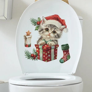 Christmas cat toilet seat sticker featuring a grey kitten and festive gift box decor
