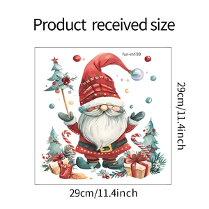 Detaillierte Maße der Aquarell-Weihnachtszwerg-Wandaufkleber mit Bäumen und Gaben
