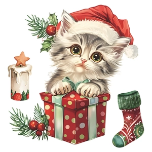 Christmas cat toilet sticker with festive kitten and gift box on white background