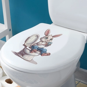 Funny cartoon rabbit on toilet decorative sticker for bathroom lid and home wall art decor