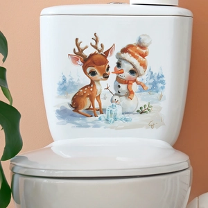 Autocollant de Noël renne et bonhomme de neige sur réservoir de toilettes blanc