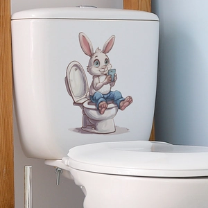 Funny cartoon rabbit on toilet bathroom sticker for waterproof PVC wall decor
