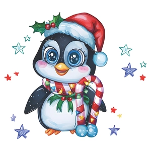 Adesivo murale pinguino natalizio con cappello e bastoncino di zucchero per bagno casa